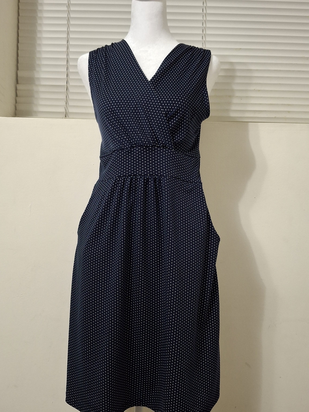 George Navy Blue Polka Dot Sleeveless Faux Wrap Dress with Pockets